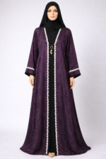 Dark purple abaya with a textured leaf pattern